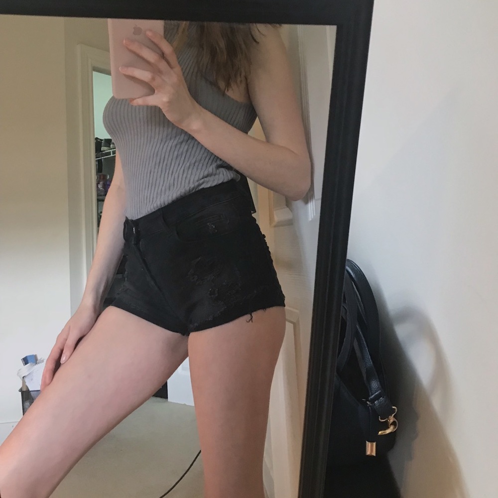 High waisted distressed black shorts